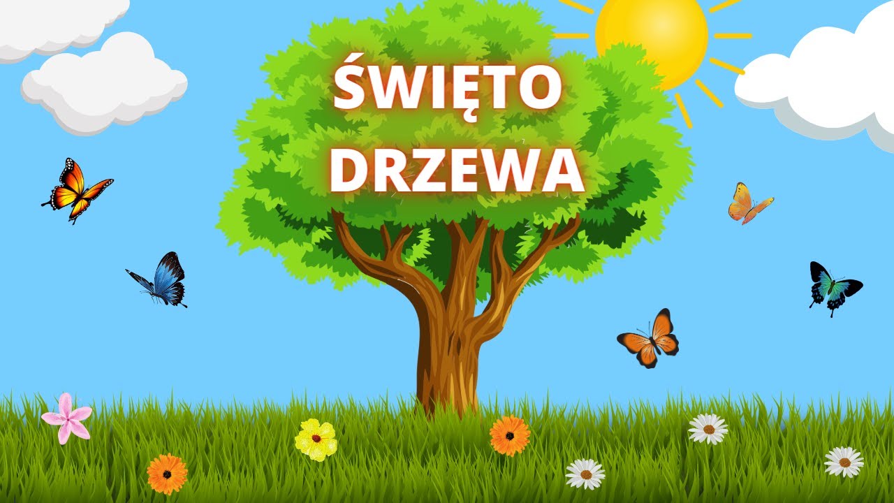 Drzewo wok&oacute;ł fruwają motyle.