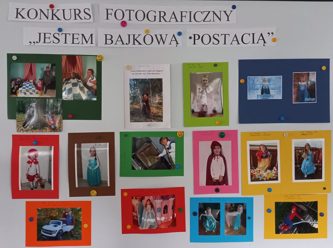 Zdjęcia dzieci przebranych za postacie z bajek.