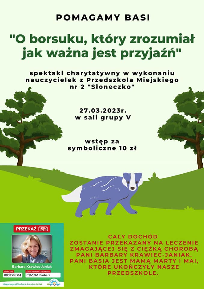 Plakat na, kt&oacute;rym jest borsuk pośr&oacute;d drzew i opis przedstawienia.