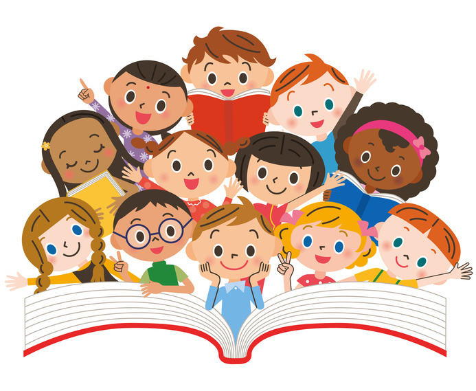 Dużo dzieci czyta jedną książkę.