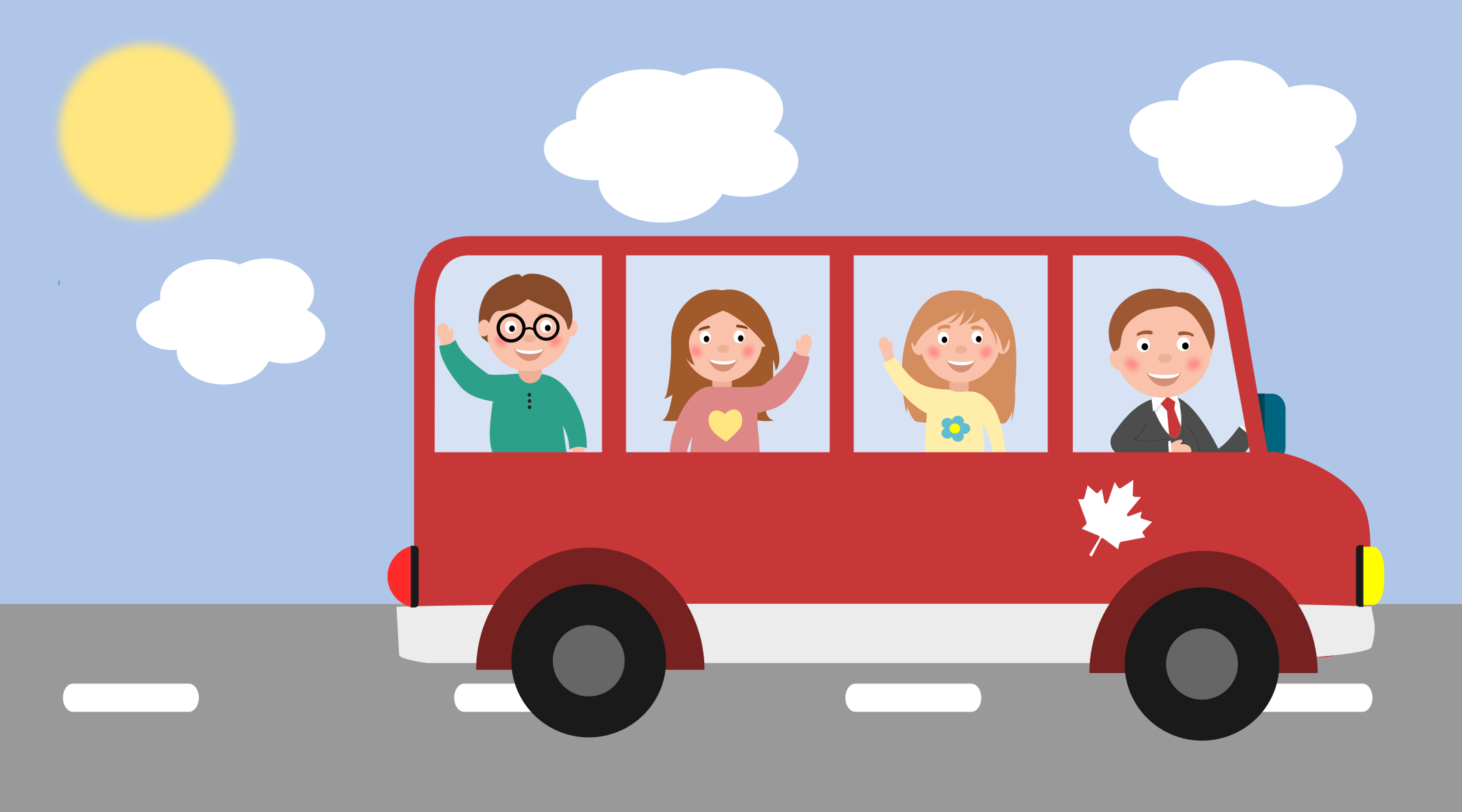 Dzieci siedzą w czerwonym autobusie.