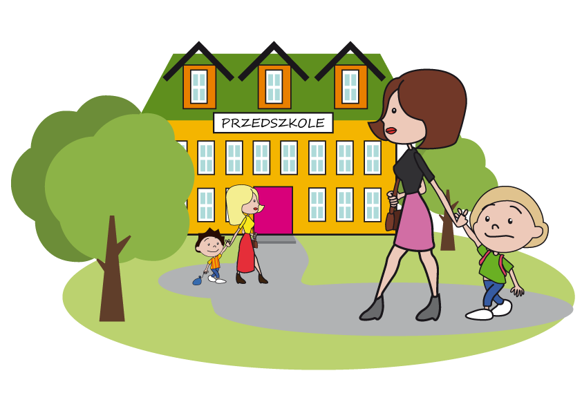 Mama prowadzi synka do przedszkola. 