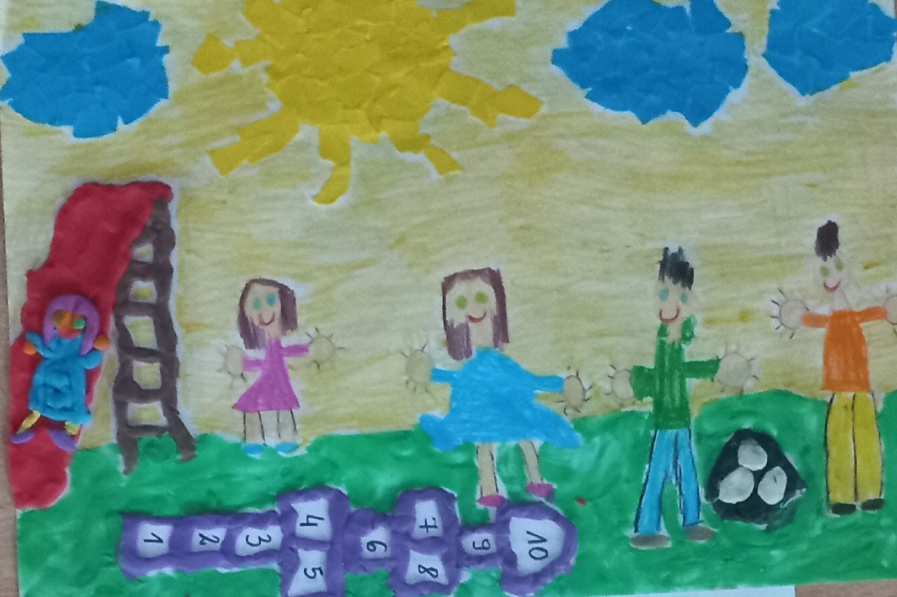 Praca plastyczna dzieci bawią się na placu zabaw.