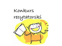 Napis konkurs recytatorski i chłopiec trzymający książkę.