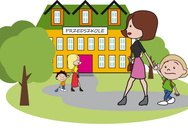 Mama prowadzi synka do przedszkola. 