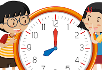 Chłopiec z dziewczynką opierają się o zegar z godzina ósmą