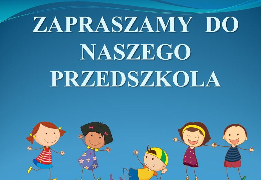 Na górze napis zapraszający do przedszkola. Na dole pięcioro dzieci.