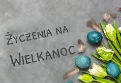 Napis wielkanocne życzenia, tulipany i pisanki