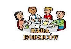 Rysunek na którym cztery osoby siedzą przy stole. Napis rada rodziców.