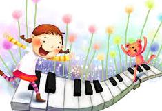 Dziewczynka skacze po klawiszach pianina.