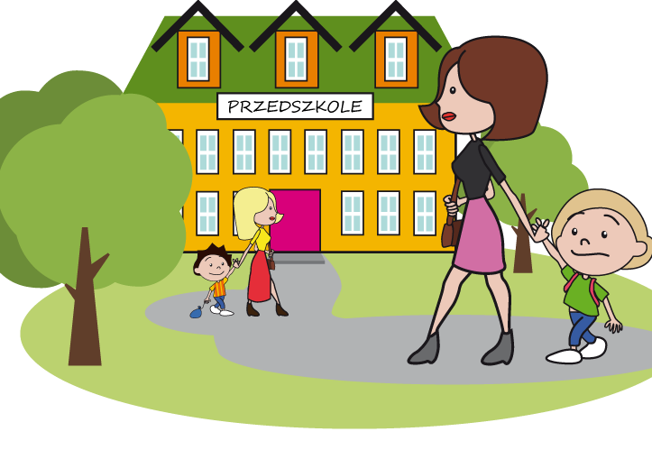 Mama prowadzi synka do przedszkola. 