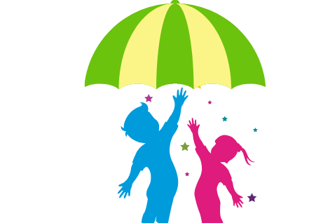 Dwoje dzieci stoi pod zielono żółtym parasolem. 