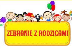 Sześcioro dzieci trzyma tabliczkę z napisem zebranie z rodzicami.