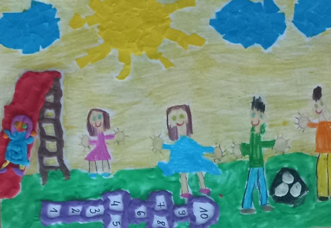 Praca plastyczna dzieci bawią się na placu zabaw.