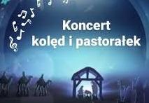 Napis koncert kolęd i pastorałek, białe nuty, na dole szopka z Jezusem