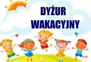 Napis dyżur wakacyjny pod spodem narysowane jest pięcioro dzieci, które skaczą po trawie.