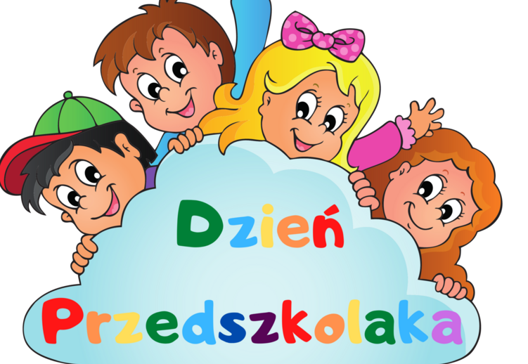 Za chmurka na której jest napis dzień przedszkolaka stoi czworo dzieci.