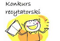 Napis konkurs recytatorski i chłopiec trzymający książkę.