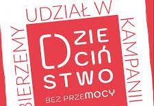 Na czerwonym tle napis dzieciństwo bez przemocy.
