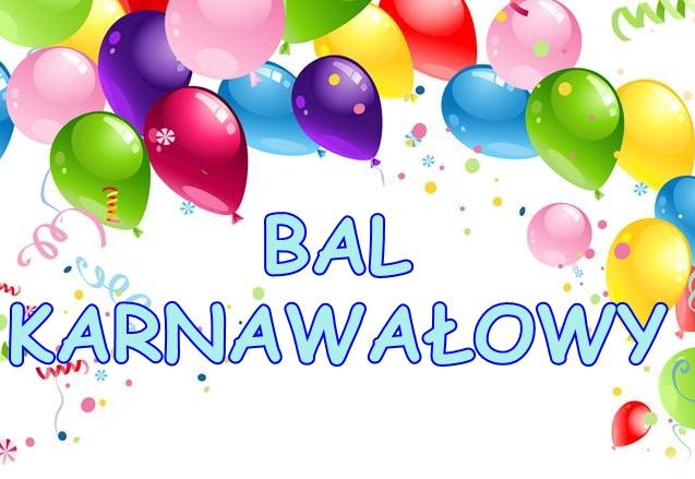 Napis bal karnawałowy nad nim kolorowe balony.
