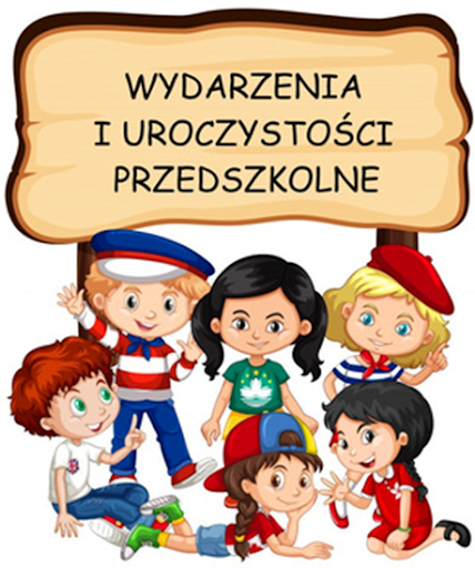 Napis w chmurce wydarzenia i uroczystości przedszkolne, pod spodem pięcioro dzieci przebranych w stroje karnawałaowe