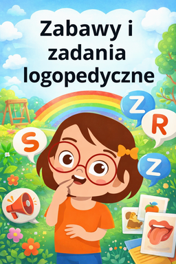 Dziewczynka na tle tęczy na g&oacute;rze napis zabawy i zadania logopedyczne wok&oacute;ł głoski.
