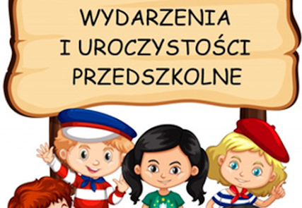 Napis w chmurce wydarzenia i uroczystości przedszkolne, pod spodem pięcioro dzieci przebranych w stroje karnawałaowe