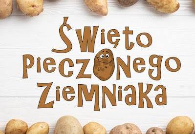 Napis święto pieczonego ziemniaka z rysunkami ziemniaków.