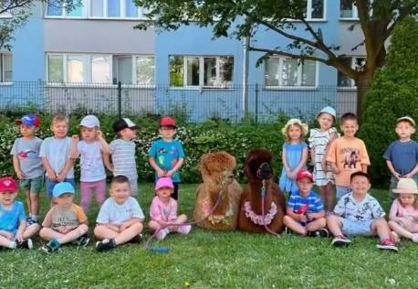 Dzieci pozują do zdjęcia z alpakami. 